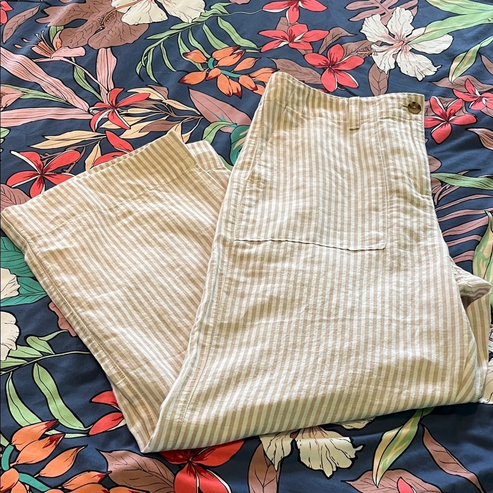 Striped linen cotton blend cropped wide leg pants new